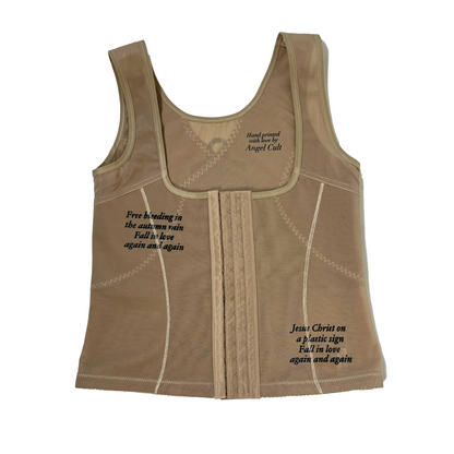 handprinted ‘free bleeding in the autumn rain’ brat lyrics / cross corset beige shapewear (1/1) (M)