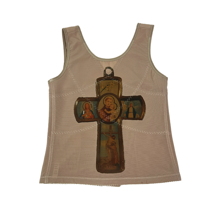 handprinted ‘free bleeding in the autumn rain’ brat lyrics / cross corset beige shapewear (1/1) (M)