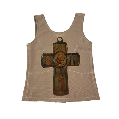 handprinted ‘free bleeding in the autumn rain’ brat lyrics / cross corset beige shapewear (1/1) (M)