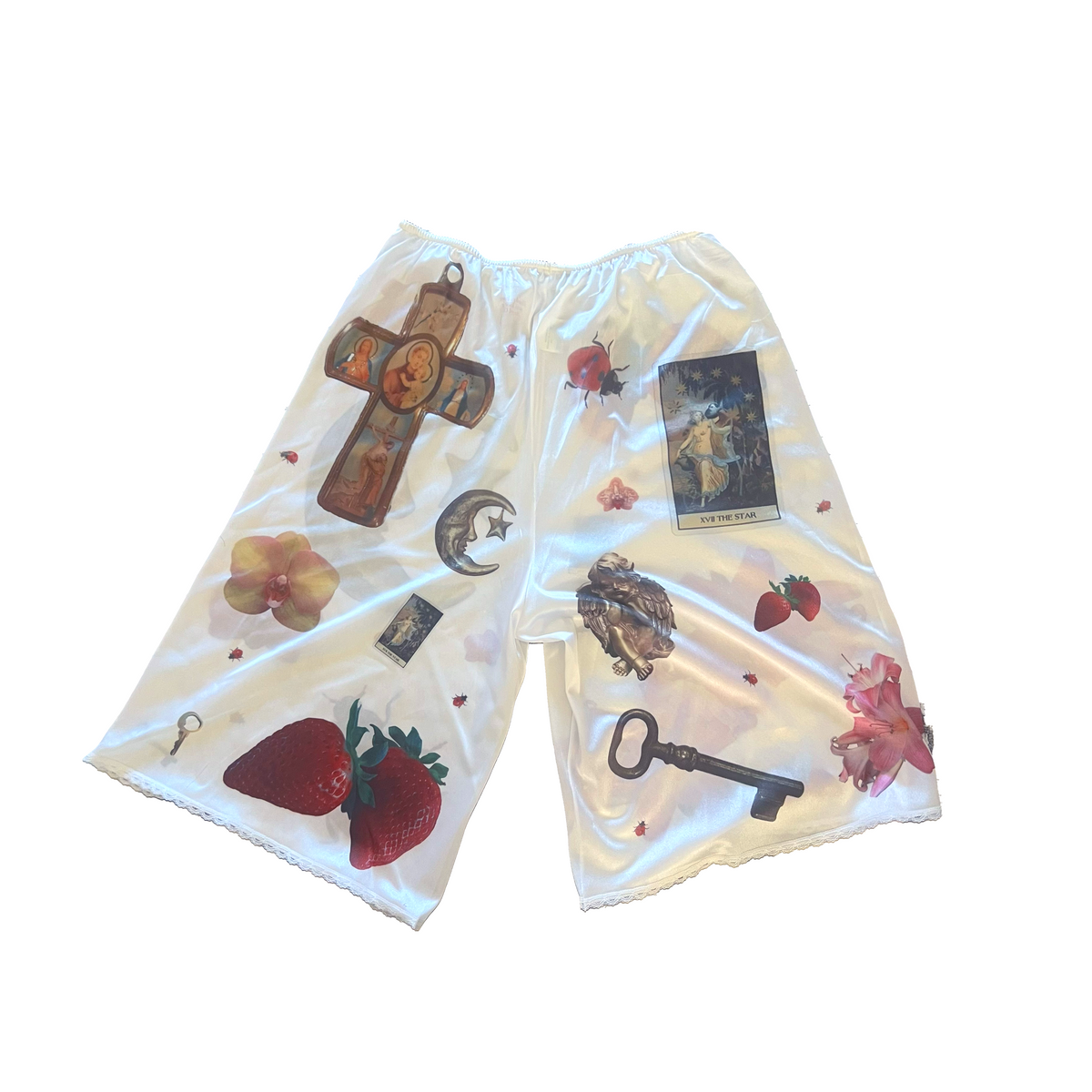 handprinted celestial pattern on semi-sheer bloomers / pettipants with lace trim