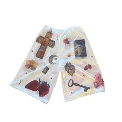 handprinted celestial pattern on semi-sheer bloomers / pettipants with lace trim