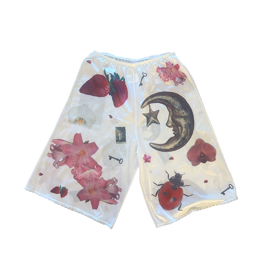 handprinted celestial pattern on semi-sheer bloomers / pettipants with lace trim