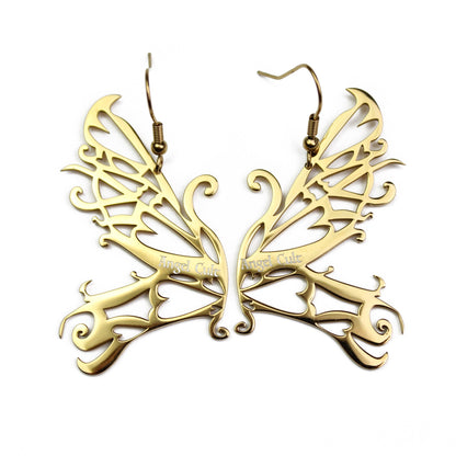 Up close photo of gold fairy dangly earrings by Angel Cult